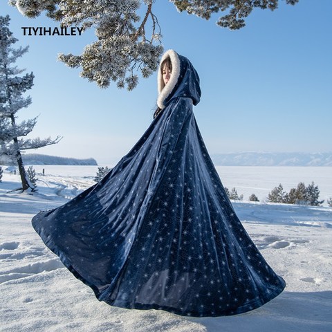 TIYIHAILEY Free Shipping 2022 Vintage Velvet Cloak Winter And Autumn Outerwear Hooded Loose Long Maxi Blue Witch Cardigan Star ► Photo 1/5