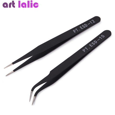 2Pcs Stainless Steel Curved Straight Black Tweezer Nail Art Rhinestones Nipper Picking Tool Sequins Beads ► Photo 1/4