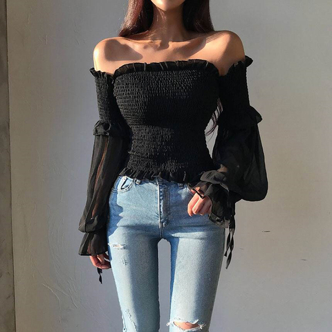 Solid Color Pleated Bow Fashion Women Ladies Long Sleeve Off Shoulder Cropped Tops Blouse Shirt Lace Up Corset ► Photo 1/6