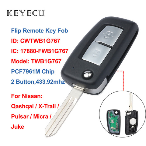 Keyecu 2 Buttons Flip Car Remote Key Fob 433.92MHz PCF7961M Chip for Nissan Qashqai,X-Trail,Pulsar,Micra,Juke, CWTWB1G767 ► Photo 1/6