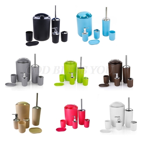 Six-piece bathroom accessory set, toothbrush holder, tooth cup, soap dispenser, soap box, toilet brush and trash can ► Photo 1/6