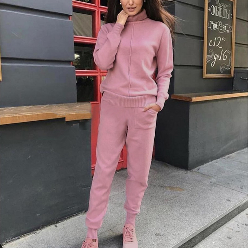 Autumn Winter Knitted Tracksuit Turtleneck Sweatshirts Casual Suit Women Clothing 2 Piece Set,Pink,One Size