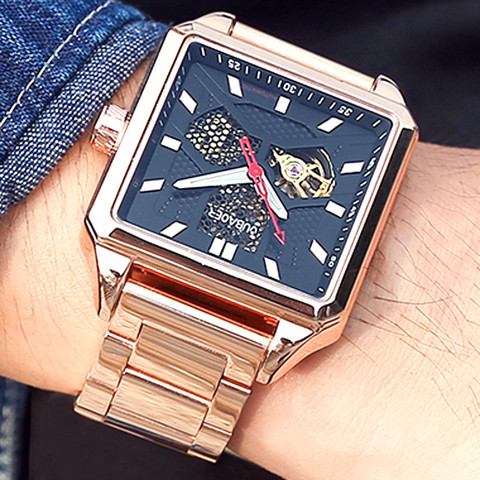 Montre Homme Rose Gold Stainless Steel Skeleton Watch Men Square Design Automatic Mechanical Watches Male Relogio Masculino 2022 ► Photo 1/6