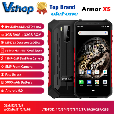 Ulefone Armor X5 3GB+32GB Android 9.0 MT6763 Octa core ip68 Rugged Waterproof Smartphone NFC 4G LTE Mobile Phone ► Photo 1/6