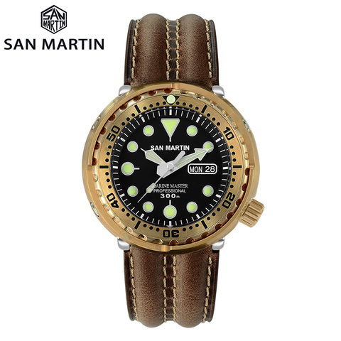 San Martin Diver Tuna Bronze Automatic Mechanical Men Watch Leather Strap Sapphire Luminous 300M Waterproof Calendar Windows ► Photo 1/6