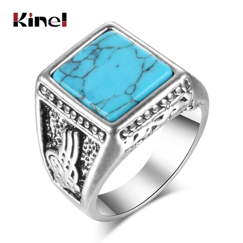 Kinel 2022 Fashion Punk Natural Stone Ring Antique Tibetan Silver Vintage Jewelry Black Finger Ring For Man Aneis Size 7-10 ► Photo 1/6