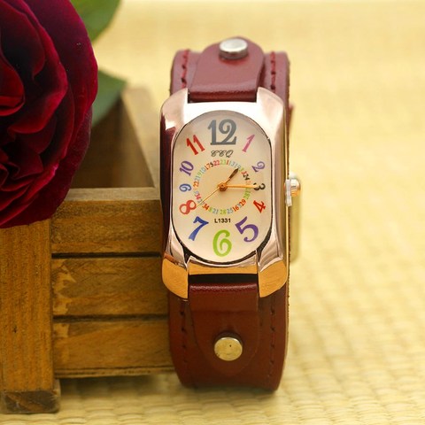 Shsby Cow Leather Strap Color Digital Rectangle Watch Women Bracelet Watches Female Bronze Quartz Watch Student Leisure Watch ► Photo 1/6