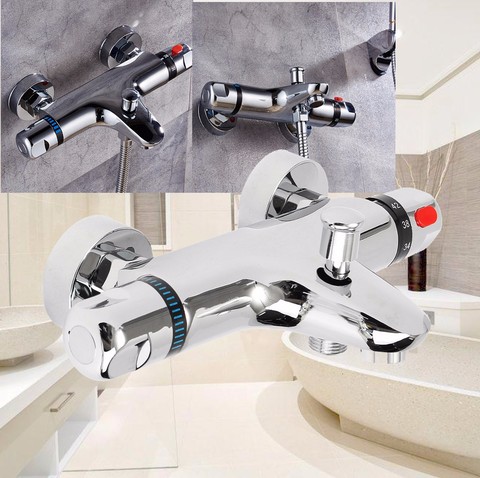 Bathroom Thermostatic Mix Bath Shower Faucets Water Control Valve Wall Mounted Ceramic Two Handle Mixer Faucet Tap ► Photo 1/6