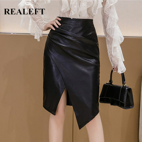REALEFT 2022 New Women's PU Leather Skirt Fashion Office Ladies Irregualer High Waist Slim Midi Length Women's Skirts Female ► Photo 1/6