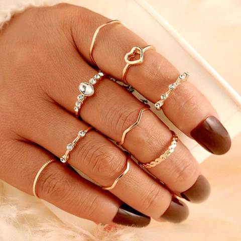 New 9Pcs/Set Punk Vintage Style Silver Ring Womens Retro Geometry Finger Ring 