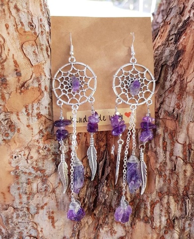 Sterling Silver Raw Amethyst Dream Catcher drop Earrings. Dream catcher dangle earrings ► Photo 1/6