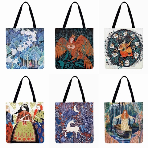 Nordic Fairy Tale Illustrations Print Tote Bag For Women Casual Totes Foldable Shopping Bag Outdoor Beach Bag Daily Hand Bag ► Photo 1/6