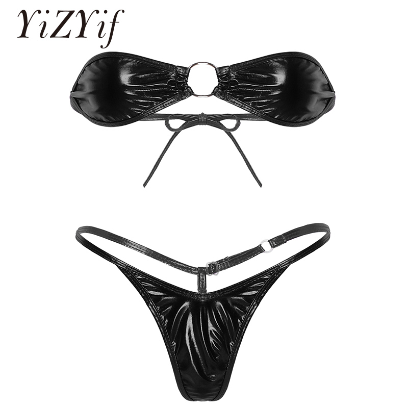 Micro Mini Bikinis Women Shiny Metallic Bikini Lingerie Bra Top With G