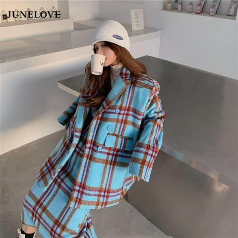 JuneLove Autumn Winter Female Fashion Casual Blue Plaid 2 Piece Set Vintage Long-sleeve Minimalist Woolen Top Overcoat+Mid Skirt ► Photo 1/6