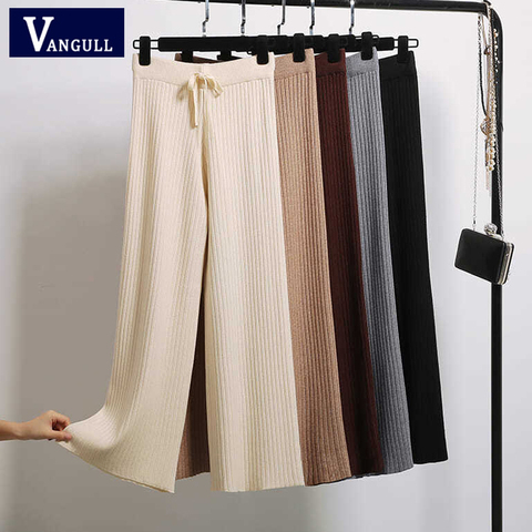 Vangull Winter Autumn Knitted Wide Leg Pants Women Korean Solid Pit Long Trousers Elastic Lace Up Pants Plus Size Sweatpants ► Photo 1/6