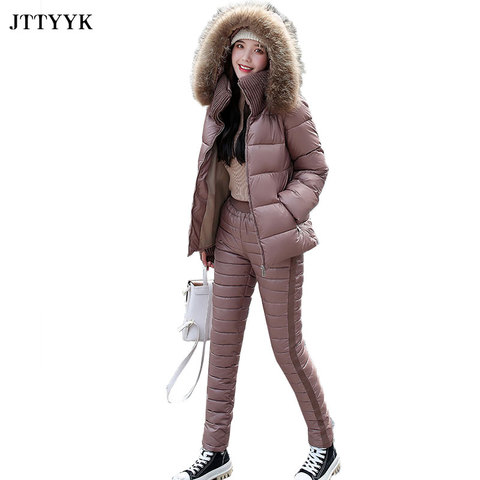 Fashion Two Piece Outfits For Women Long Sleeve Hooded Coat And Cotton pants New Winter Parka Ladies Solid Thick Casual Suit Set ► Photo 1/6