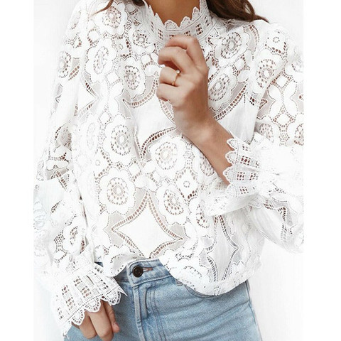 Fashion Women's Sexy Lace Hollow Out Blouses Long Sleeve Slim Shirt Tops Elegant Female Loose High Neck Casual White Shirts ► Photo 1/6