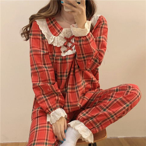 3 color cute plaid sleepwear home set women pajamas set lace bow tie pater pan collar homewear lolita princess ruffles Y182 ► Photo 1/6