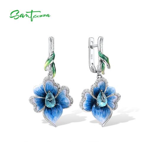 SANTUZZA Silver Drop Earrings For Women Genuine 925 Sterling Silver Elegant Blue Flowers Trendy Fine Jewelry Handmade Enamel ► Photo 1/6