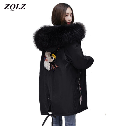ZQLZ Winter Jacket Women 2022 New Embroidery Casual Hooded Warm Cotton Padde Coat Female Loose Black Long Parka Mujer ► Photo 1/6