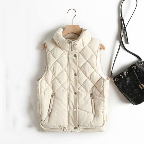 2022 Stand Collar Zipper Pocket Women's Vest Autumn Winter Diamond Cotton Vest Jacket Female Jackets Autumn Spring Women Warm ► Photo 1/6