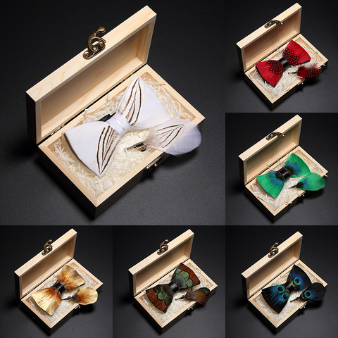 GUSLESON Original New Design Natural Feather Bow tie Exquisite Hand Made Mens BowTie Brooch Pin Wooden Gift Box Set for Wedding ► Photo 1/6