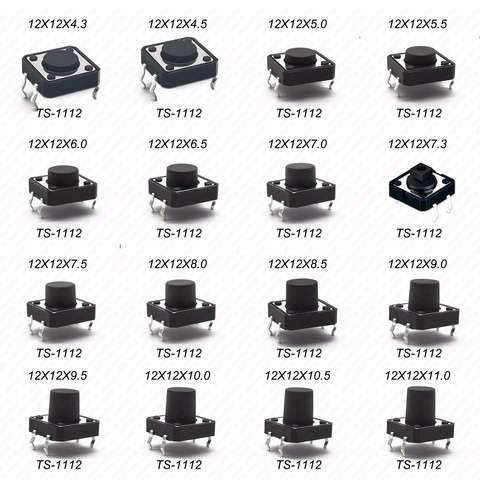 10PCS 12X12 H=4.3/4.5/5/5.5/6/7/8~17MM 4PIN DIP Momentary Tactile Tact switch Push Button Switch BLACK ► Photo 1/3