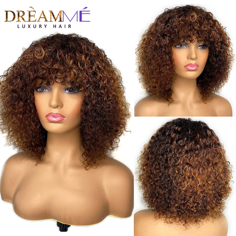 Curly Short Bob Lace Front Wig With Bang 150%Density Ombre Human Hair Wig With Baby Hair 13X4 Deep Part Closure Wig Remy Plucked ► Photo 1/6