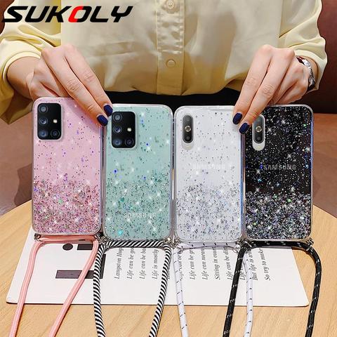 With Neck Strap Rope Cord Clear Glitter Case For Samsung Galaxy S20 FE A51 5G A50 A71 A70 S20 Ultra S10 Plus Note 10 Lite A21S ► Photo 1/6