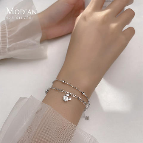 Modian Clear CZ Cute Rabbit Love Heart Light Beads Balls Genuine 100% 925 Sterling Silver Charm Bracelet for Women Fine Jewelry ► Photo 1/5