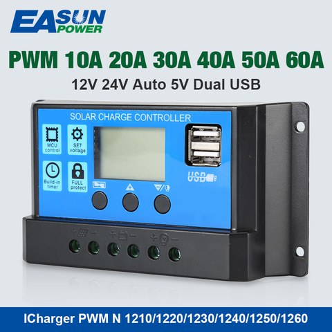 EASUN POWER Solar Controller 12V/24V 60A 50A 40A 30A 20A 10A Solar Regulator PWM Battery Charger LCD Display Dual USB 5V Output ► Photo 1/6