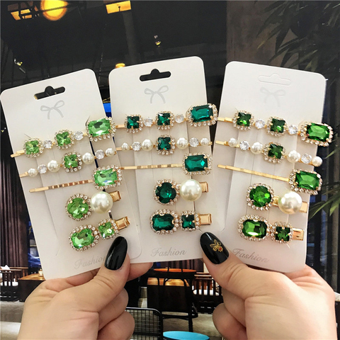 2022 New Green Crystal Hair Clip Hairpins for Women Fashion Simulated Pearl Hair Accessories Set Luxury Wedding Female Ornaments ► Photo 1/6