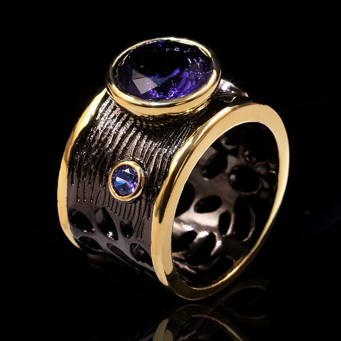 S925 Sterling Silver Big Round Cut Amethyst Rings for Women Vintage Black Gold Cocktail Party Ring Italy Jewelry Antique Design ► Photo 1/5