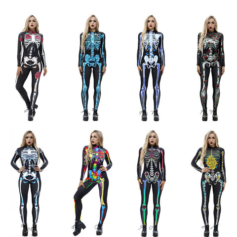 Scary Halloween Skeleton Bone Print Costume Adult Women Horror Carnival Joking Catsuit Jumpsuit Long Sleeves Bodysuit For Lady ► Photo 1/6