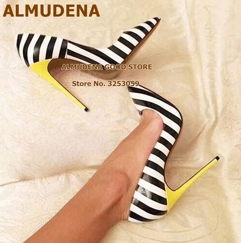 ALMUDENA 12cm Yellow Heels Zebra Stripe Pattern Wedding Shoes Women White/black Colorized High Heel Pumps Banquet Shoes Size45 ► Photo 1/6