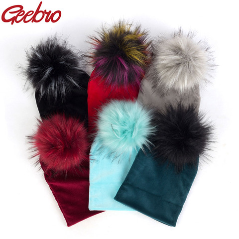 Geebro Winter Warm Fashion Cute Baby Girls Boys Velvet Beanie Hats Ins Solid Soft Thick Flannel Babies Kids Faux Fur Pom Pom Hat ► Photo 1/6