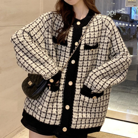 [EWQ] Autumn 2022 New Sweater Coat Retro Shirt Check Long Sleeve Single Breasted Plaid Loose Knit Cardigan Tide Ladies QB321 ► Photo 1/6