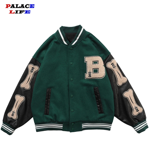 Hip Hop Furry Bone Patchwork Color Block Jackets Mens Harajuku College Style Bomber Jacket Men Baseball Coats 3 color ► Photo 1/6