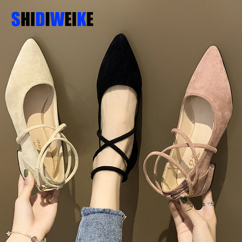 Spring Autumn Women Shoes Black Ankle Strap Flats Ankle Warp Low Heels Ladies Shoes Pointed Toe Flat Shoes zapatos mujer AB247 ► Photo 1/6