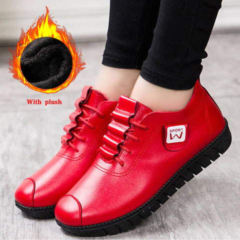 Women Shoes Autumn Winter Pu Leather Women's Flat Walking Shoes Lace up Sneakers 2022 Woman Sewing Plush Warm Female Footwear  ► Photo 1/6