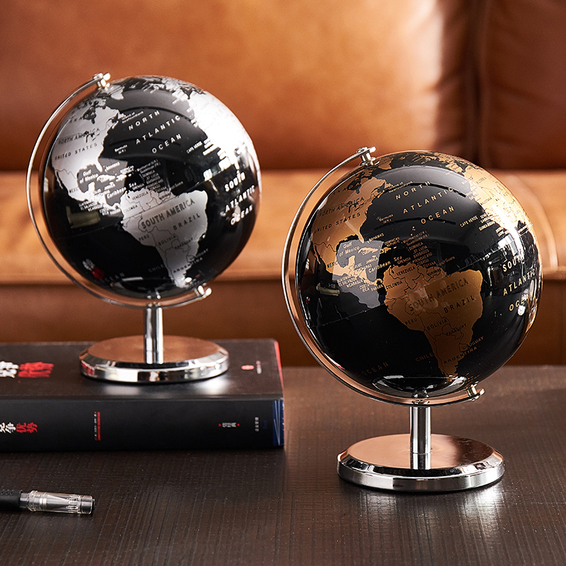 Vintage Black World Map Globe Decorative Metal Desktop Rotate Geography Globe 5" 