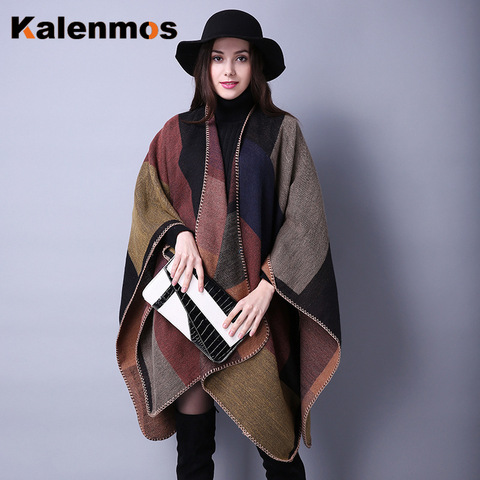 Blanket Scarf Fall Winter Thick Wrap Poncho Women Plaid Travel Shawl Imitation Cashmere Capes National Wind Fork Thicker Cloak ► Photo 1/6