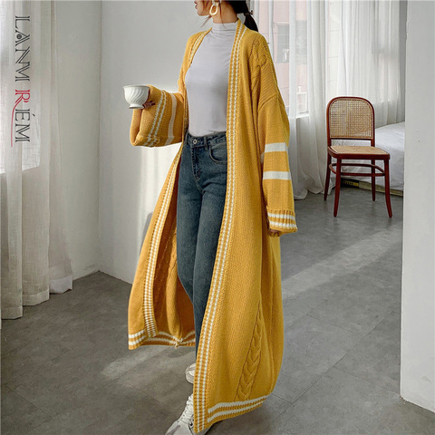 LANMREM 2022 Autumn New Long Style Cardigan For Women Loose Striped Patchwork Casual Knitted Sweater Popular Coat PC425 ► Photo 1/6