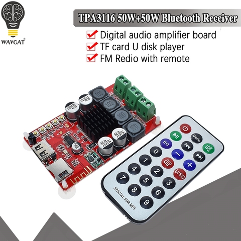 WAVGAT TPA3116 50W+50W Bluetooth Receiver Digital Audio Amplifier Board TF card U disk player FM Redio With Remote control ► Photo 1/6