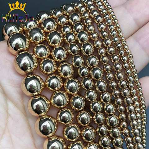 Natural Stone Beads Round Light Golds Plated Hematite Loose Beads For Jewelry Making DIY Bracelet Accessories 2/3/4/6/8/10/12mm ► Photo 1/6