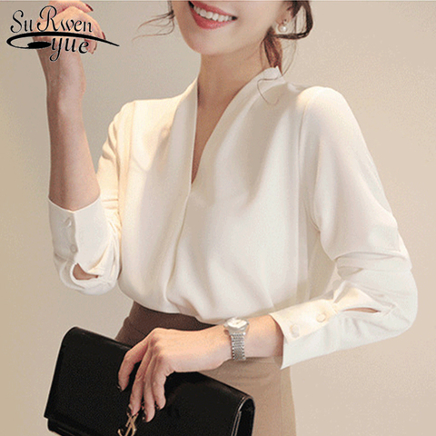 V-neck Womens Tops Long Sleeve Chiffon Blouse Summer New White Female 2022 Korean Tops Wild Loose Office Lady Clothing 9382 ► Photo 1/5