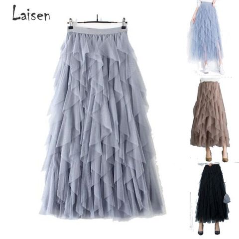 Tutu Tulle Skirt Women Long Maxi Skirt Korean Cute Blue Grey High Waist Pleated Skirt Girls School Mesh Tulle Skirt ► Photo 1/6