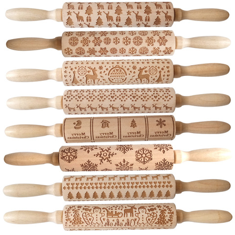 Wood Christmas Printing Rolling Pin Wooden Carvings Embossing Elk Snowflake Christmas Tree Snowman Rolling Pin Cookies Crafts ► Photo 1/6