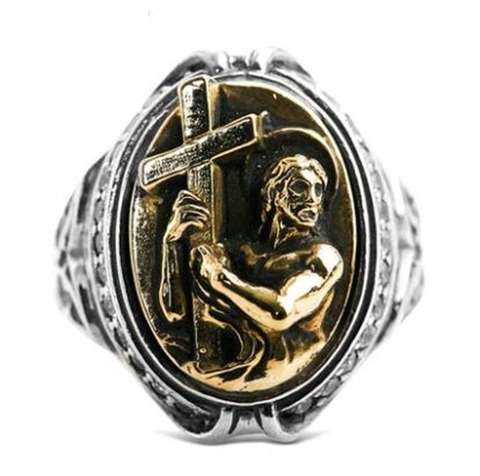 Vintage Golden Man Holding A Cross High Quality Metal Ring Men Religious Style Punk Jewelry ► Photo 1/6