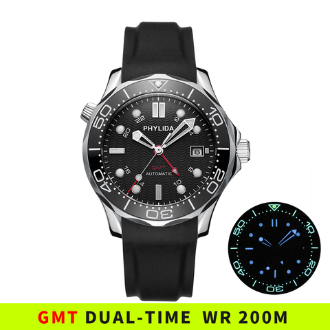 Top Brand PHYLIDA 200M Water Resistant GMT Dual Time Black Wave Dial Automatic Men's Watch Sapphire Diver Sea-master Homage ► Photo 1/3